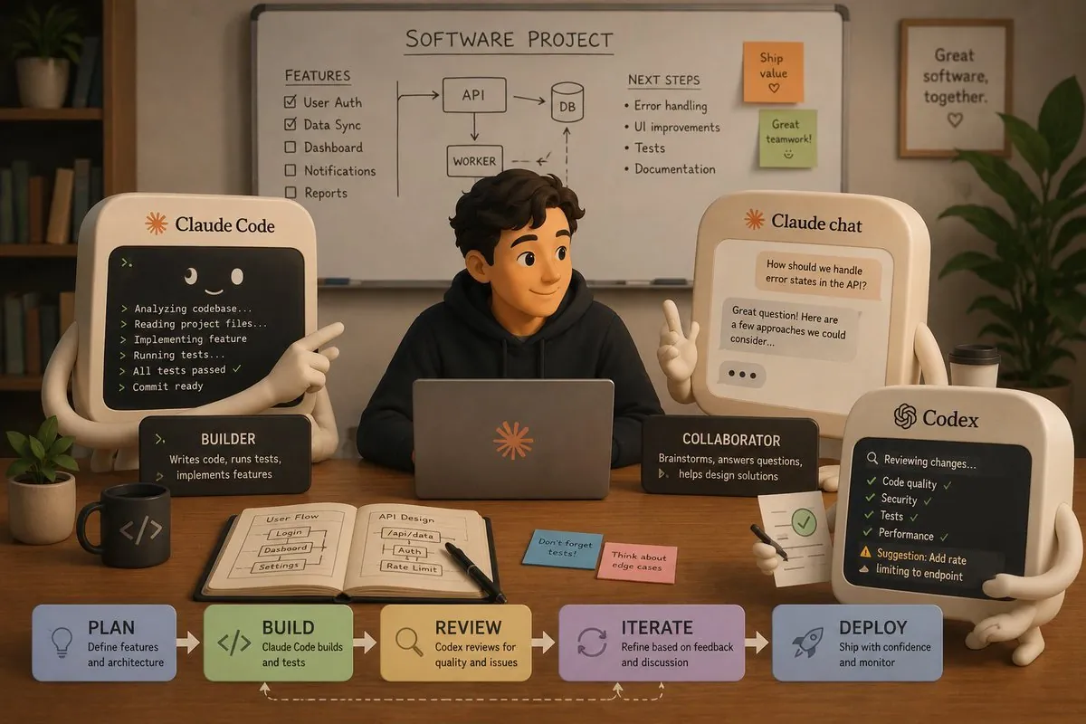 Illustration of a developer between three AI characters labeled builder, collaborator, and reviewer, above a plan, build, review, iterate, deploy flow