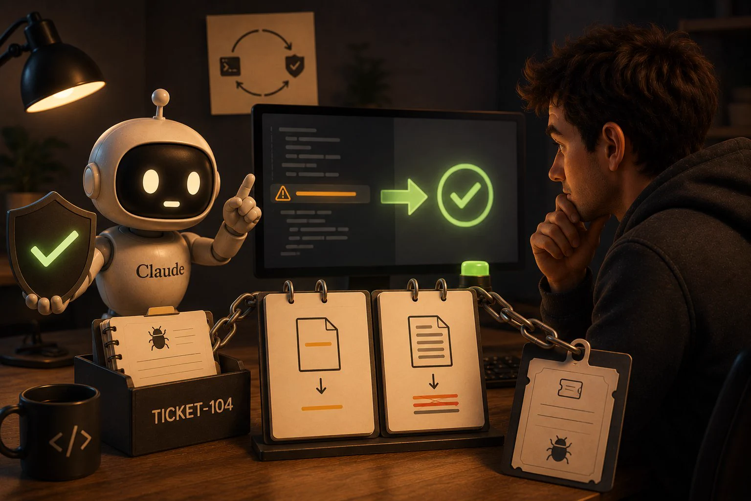 Illustration of a Claude robot holding a green shield next to a CI screen, with a ticket, an allowlist file and a lint script chained together on the desk