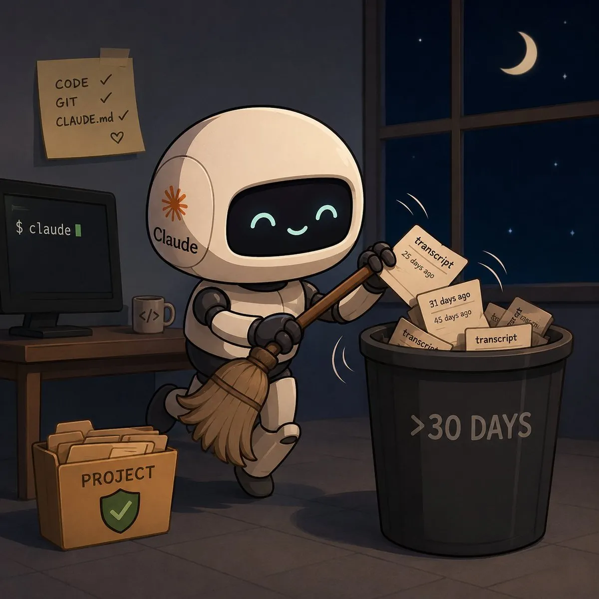 Illustration of a Claude robot sweeping transcript files older than 30 days into a trash can at night, while the project folder stays safe