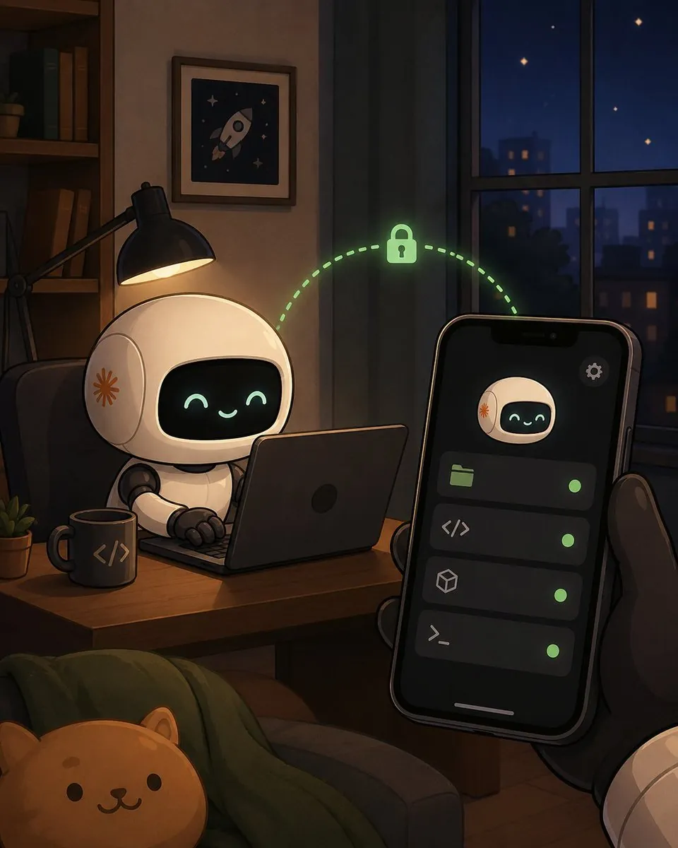 Illustration of a robot coding at a laptop while a phone in the foreground shows the same sessions with green status dots and a secure lock between them