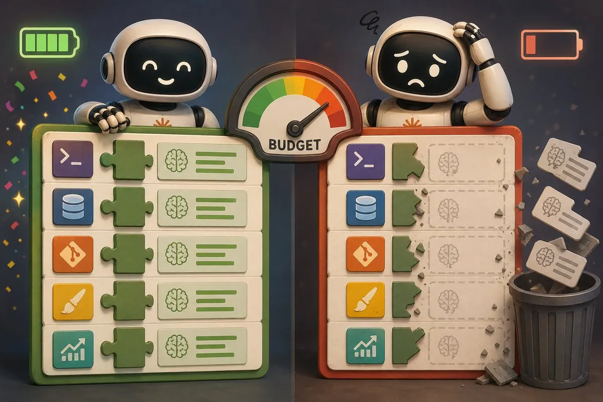 Illustration of two robots with skill boards and a budget gauge between them: one board is complete, the other has its descriptions torn off and falling into a trash can