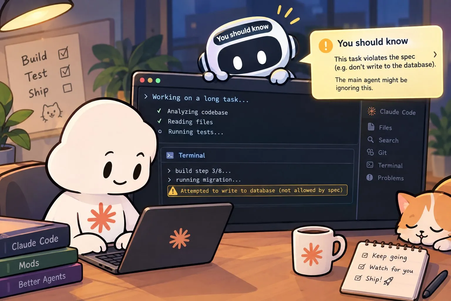 Illustration of a You should know note above Claude Code warning that the task violates the spec, with a terminal line showing an attempted database write that the spec does not allow