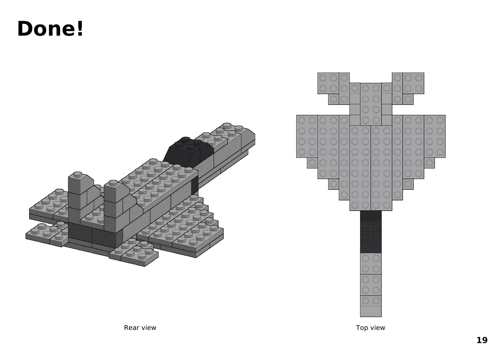 Final page of the F-15 booklet titled Done, with a rear view and a top view of the finished jet