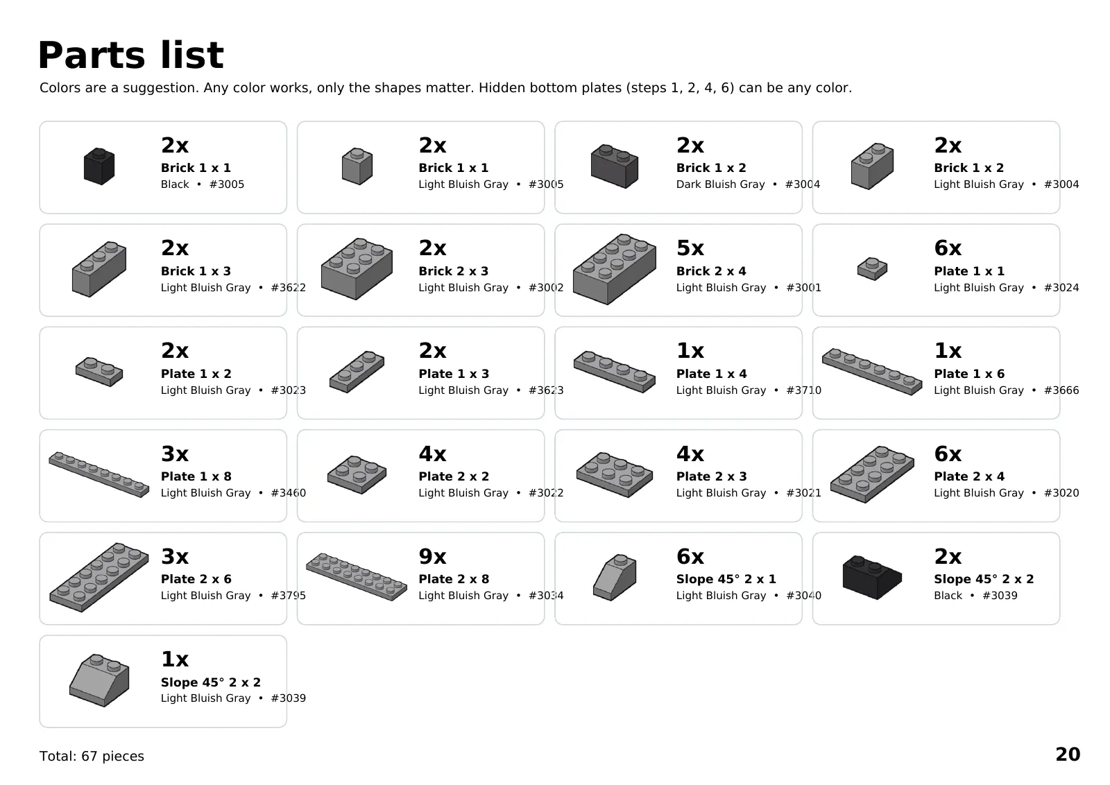 F-15 parts list: 67 pieces in light bluish gray, dark bluish gray and black, each with its size and part number