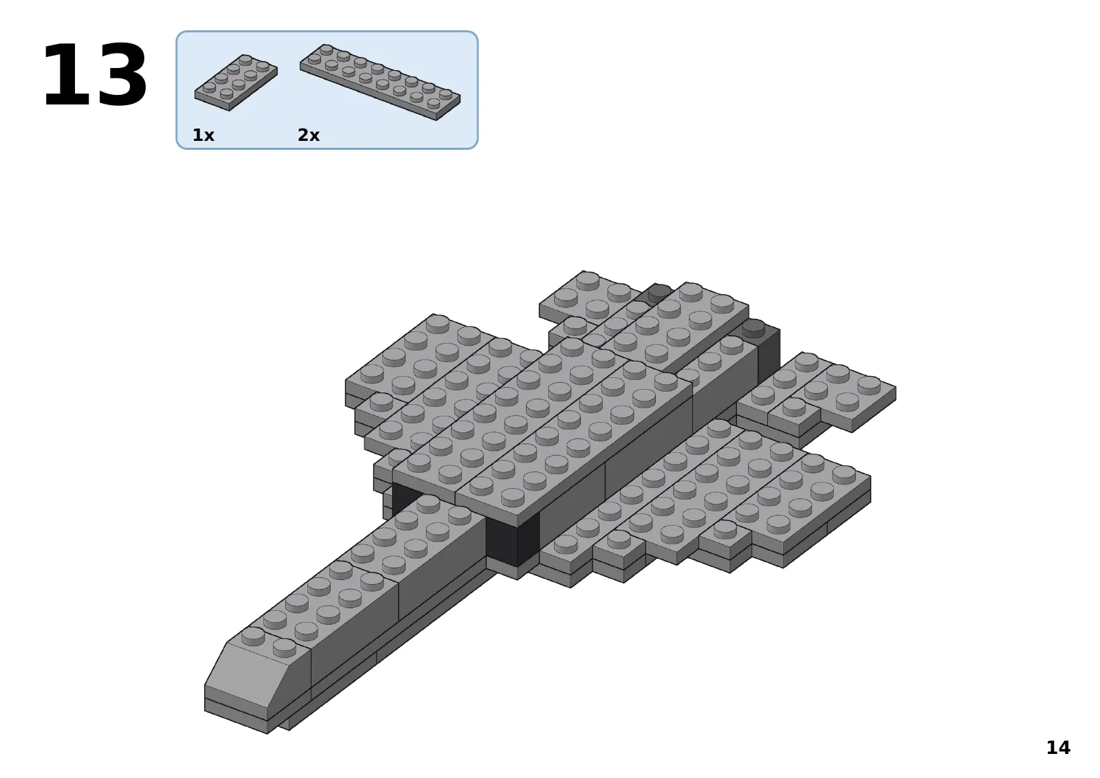 Step 13 of the F-15 booklet: one 2x4 plate and two 2x8 plates added on top of the fuselage, LEGO-style parts callout in the corner