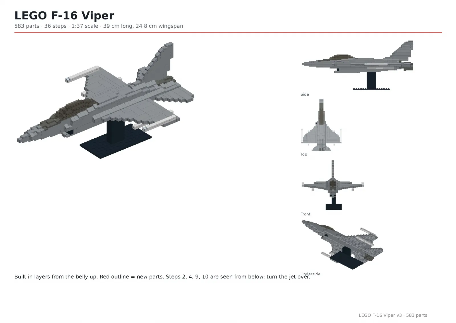Cover of the LEGO F-16 Viper instructions: a rendered gray brick jet on a black display stand, with side, top, front and underside views, 583 parts, 36 steps, 1:37 scale, 39 cm long