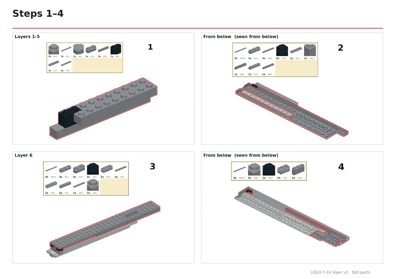 F-16 steps 1 to 4: the fuselage built in layers from the belly up, new parts outlined in red, two of the steps seen from below