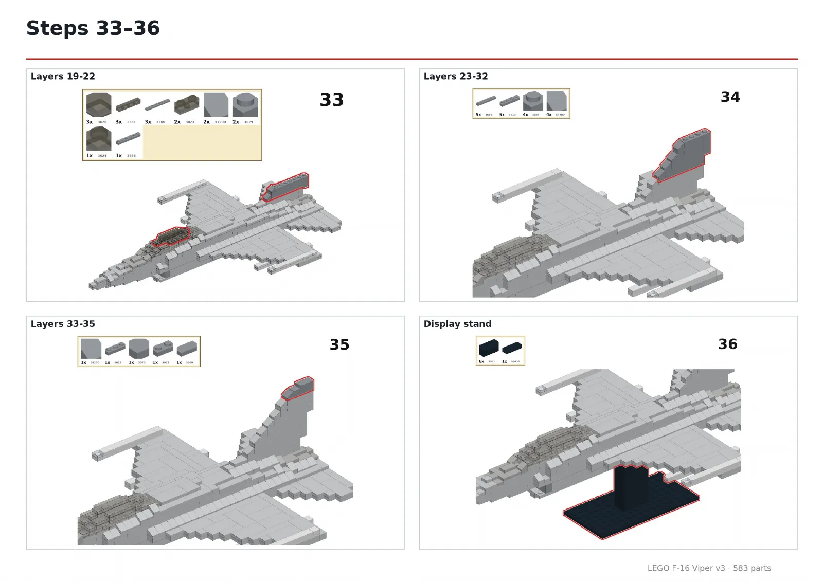 F-16 steps 33 to 36: the canopy, the vertical tail and the black display stand