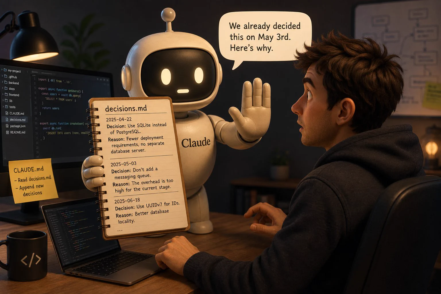 Illustration of a Claude robot holding up a decisions.md notebook and telling a surprised developer: we already decided this on May 3rd, here's why