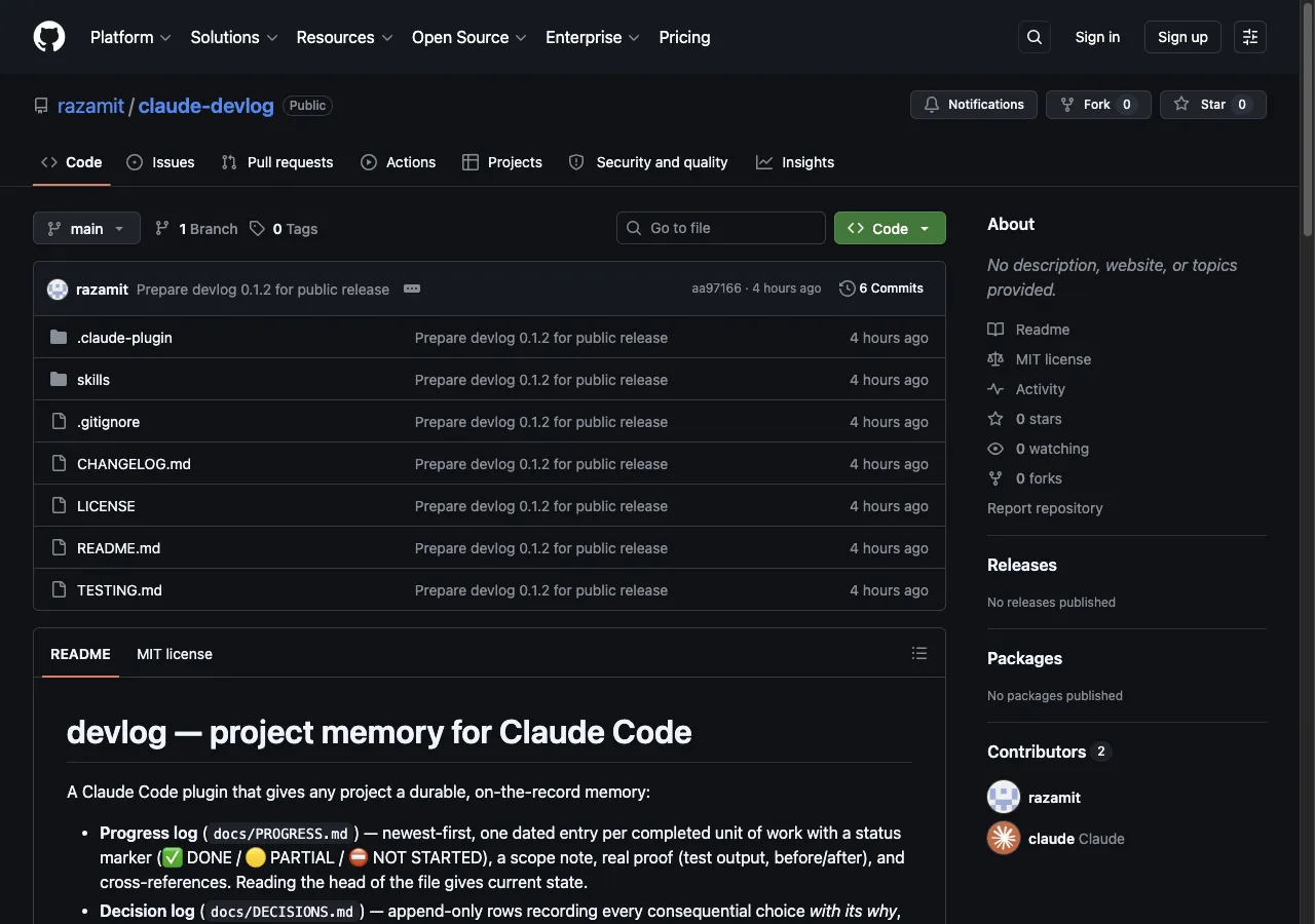 The claude-devlog GitHub repository, an MIT-licensed Claude Code plugin with skills for progress logs, decision logs, tickets, and session wrap