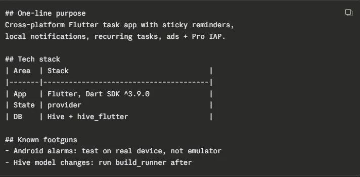 Sample AGENTS.md produced by the command: a one-line purpose, a tech stack table, and a known footguns list