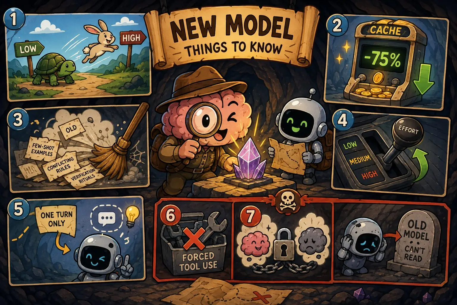 Illustrated map titled New Model, Things to Know: start on low effort, cache reads 75% cheaper, sweep out old prompt rules, effort as a gear, one-turn system messages, and the breaking changes for forced tool use, locked thinking blocks and old models that cannot read the new thinking