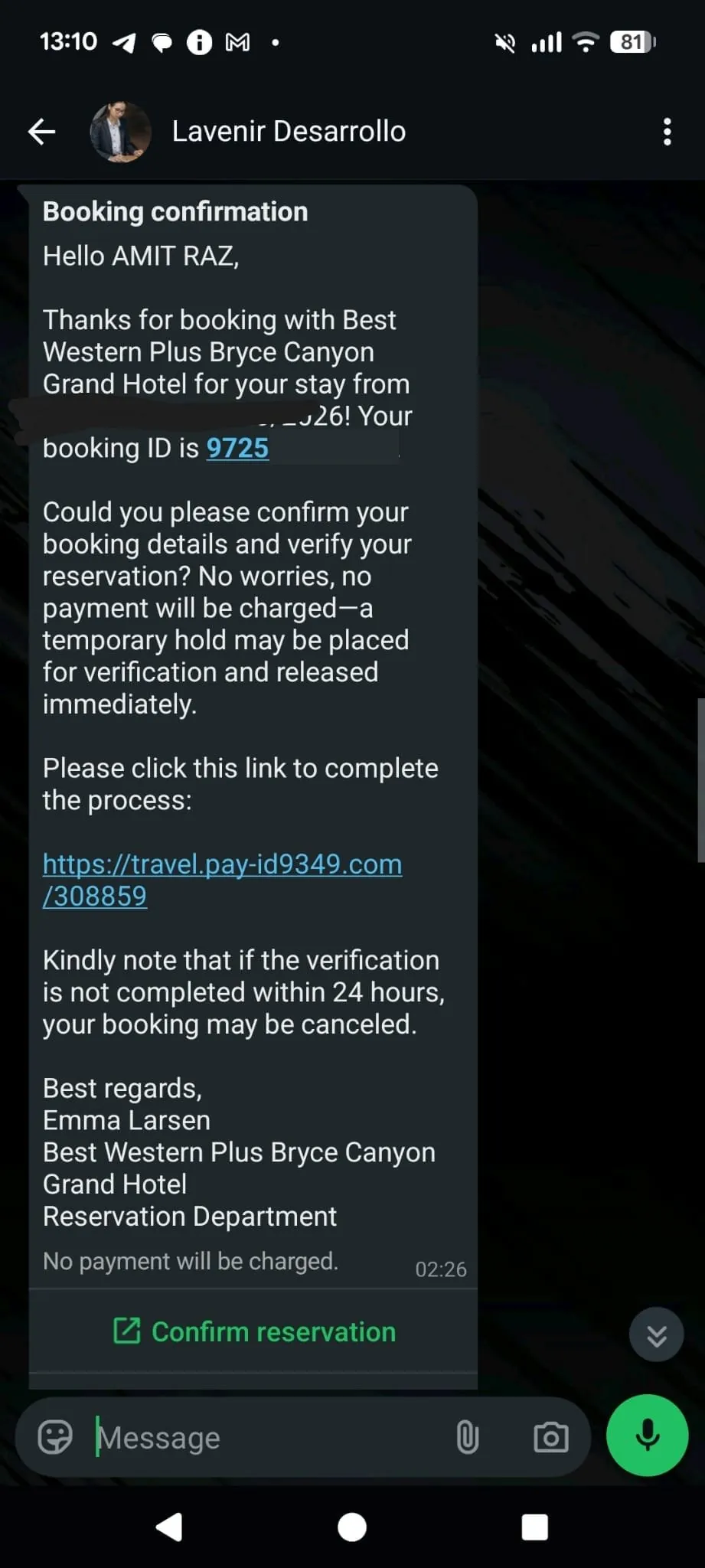 WhatsApp message titled Booking confirmation, addressed to Amit Raz, asking him to verify a Best Western Plus Bryce Canyon Grand Hotel reservation through a link to travel.pay-id9349.com