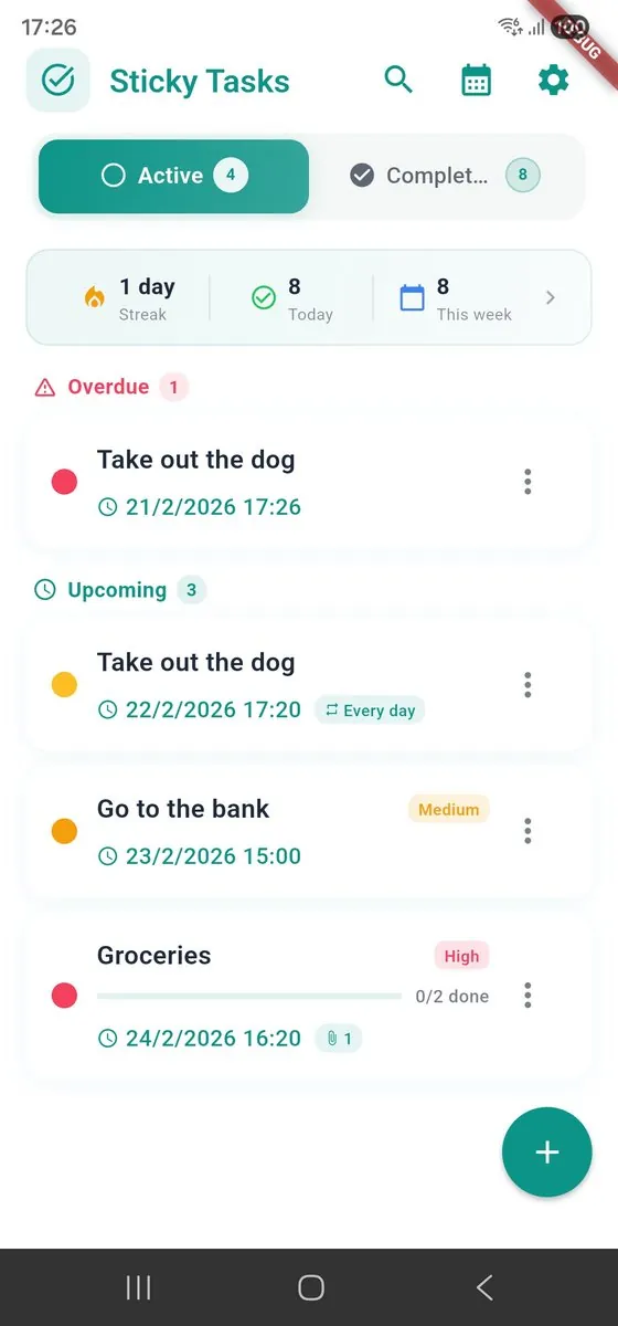 The task app before the redesign: a functional list of overdue and upcoming tasks with dates, badges, and progress bars