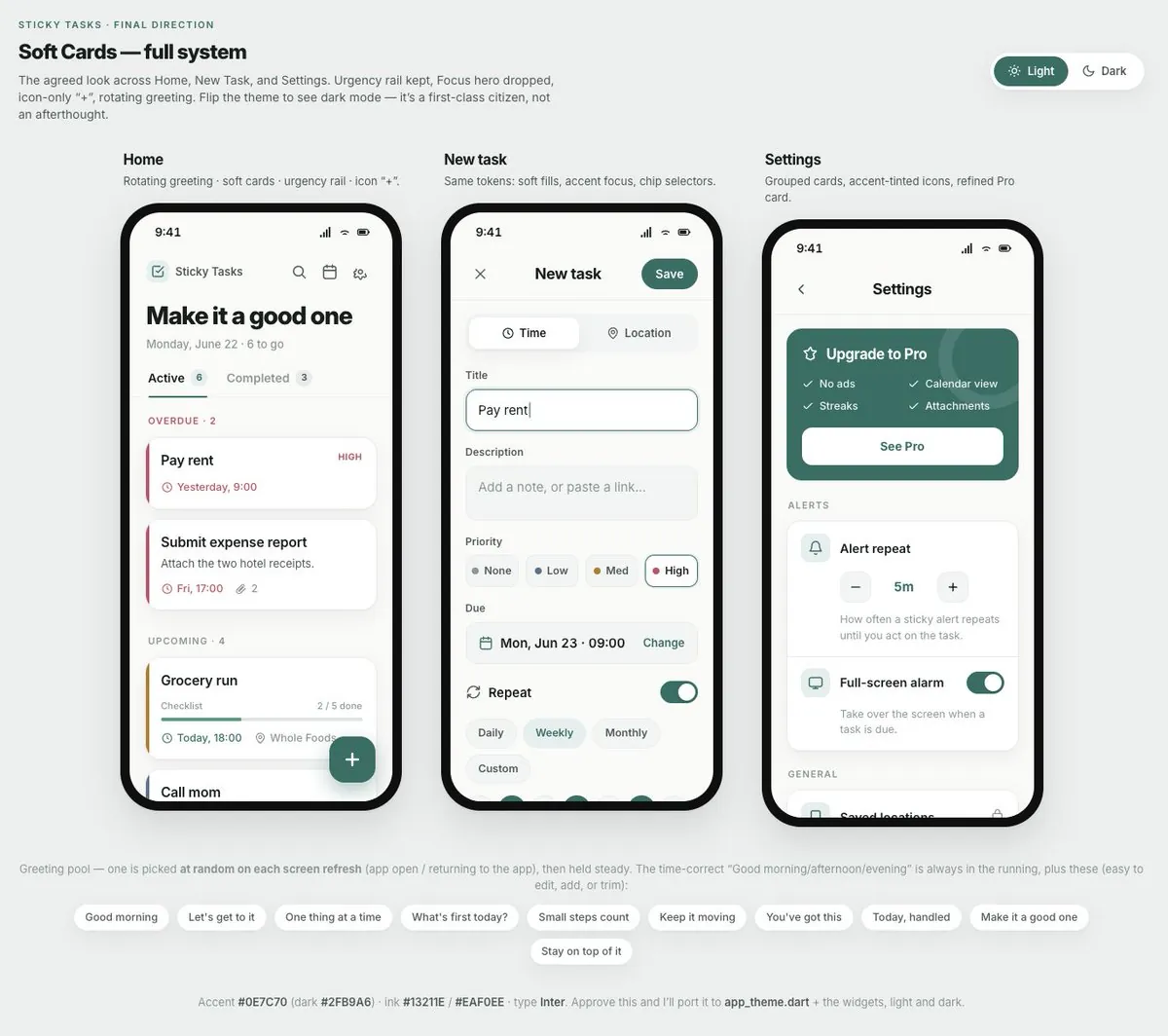 The final Soft Cards design system across home, new task, and settings screens, with a light and dark toggle at the top