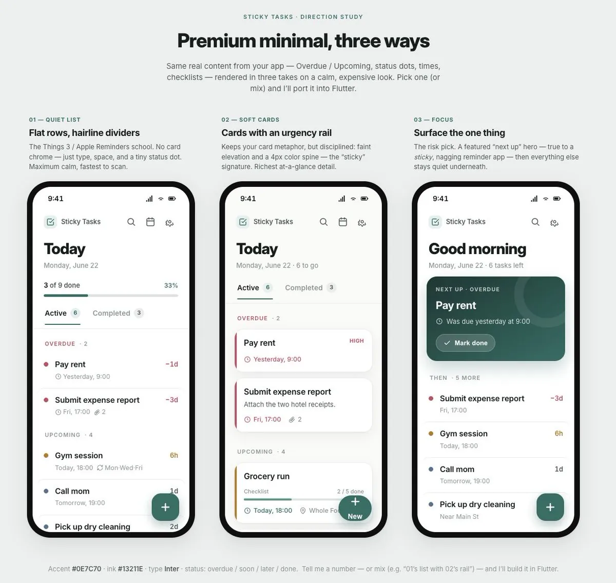 Claude's direction study titled Premium minimal, three ways: the same app content rendered as a quiet list, soft cards, and a focus layout