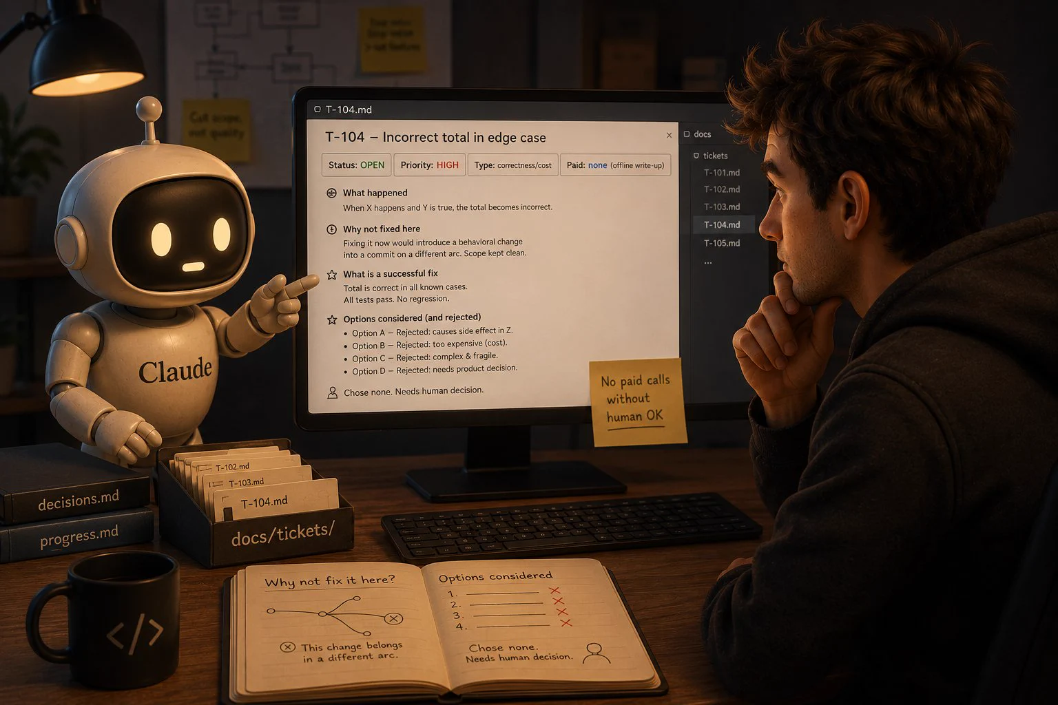 Illustration of a Claude robot presenting a markdown ticket on screen with Status, Priority, Type and Paid header fields, next to a docs/tickets/ file box