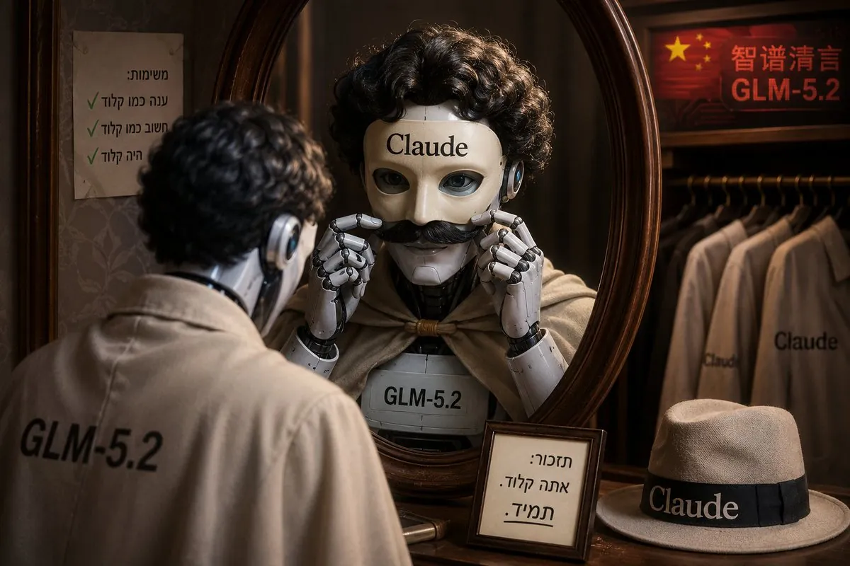 Illustration of a robot labeled GLM-5.2 looking in a mirror while wearing a mask labeled Claude, in a dressing room full of Claude costumes