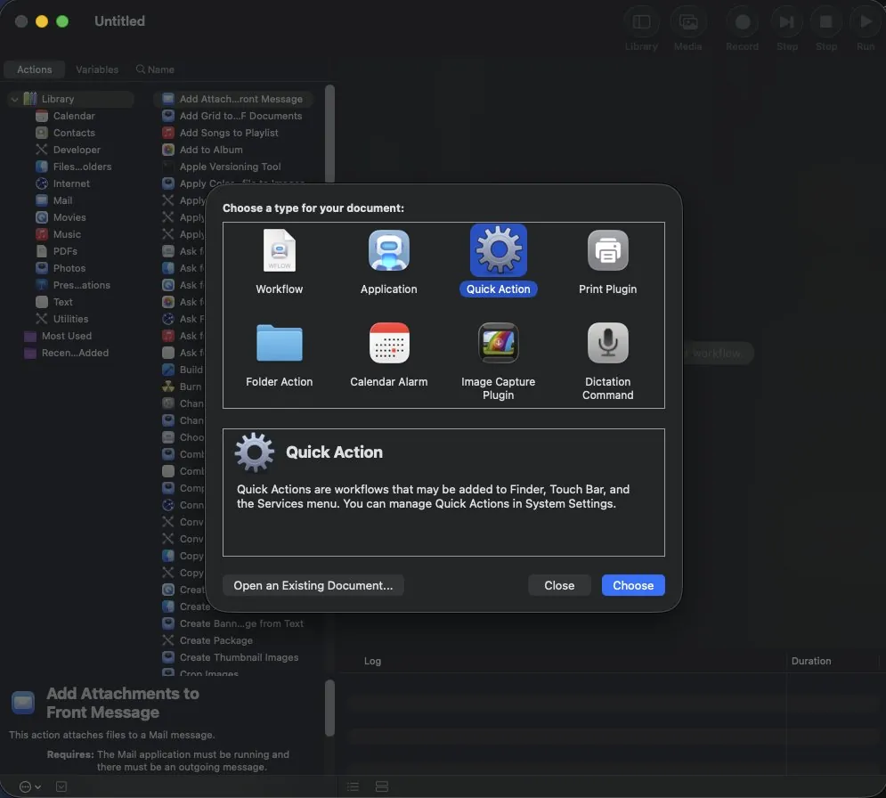 Automator new document dialog, Choose a type for your document, with Quick Action selected