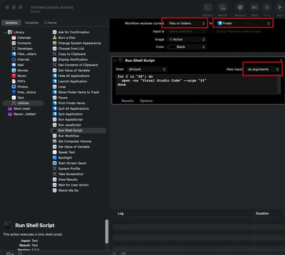 Automator Quick Action with Workflow receives current set to files or folders in Finder, and a Run Shell Script action using /bin/zsh with Pass input set to as arguments