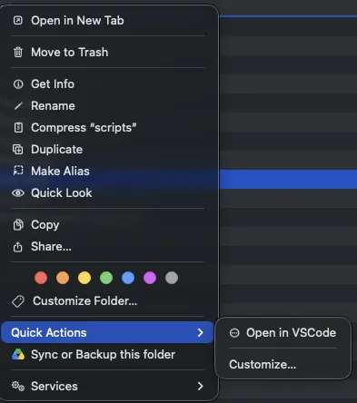 Finder right-click menu with Quick Actions expanded, showing the new Open in VSCode action