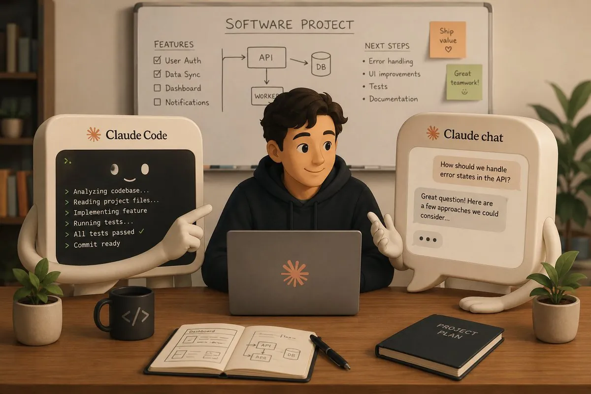Illustration of a developer at a laptop flanked by two characters: Claude Code running tests on one side and Claude chat discussing API error handling on the other