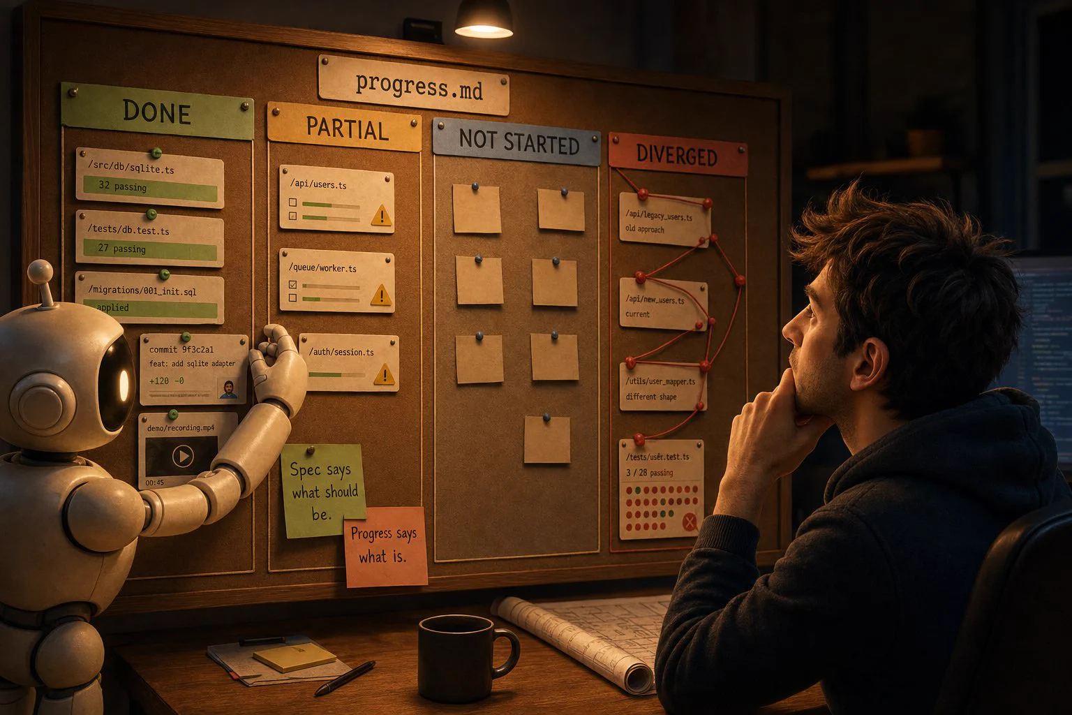 Illustration of a progress.md board with four columns (DONE, PARTIAL, NOT STARTED, DIVERGED), a robot pinning evidence to the DONE column while a developer studies the board
