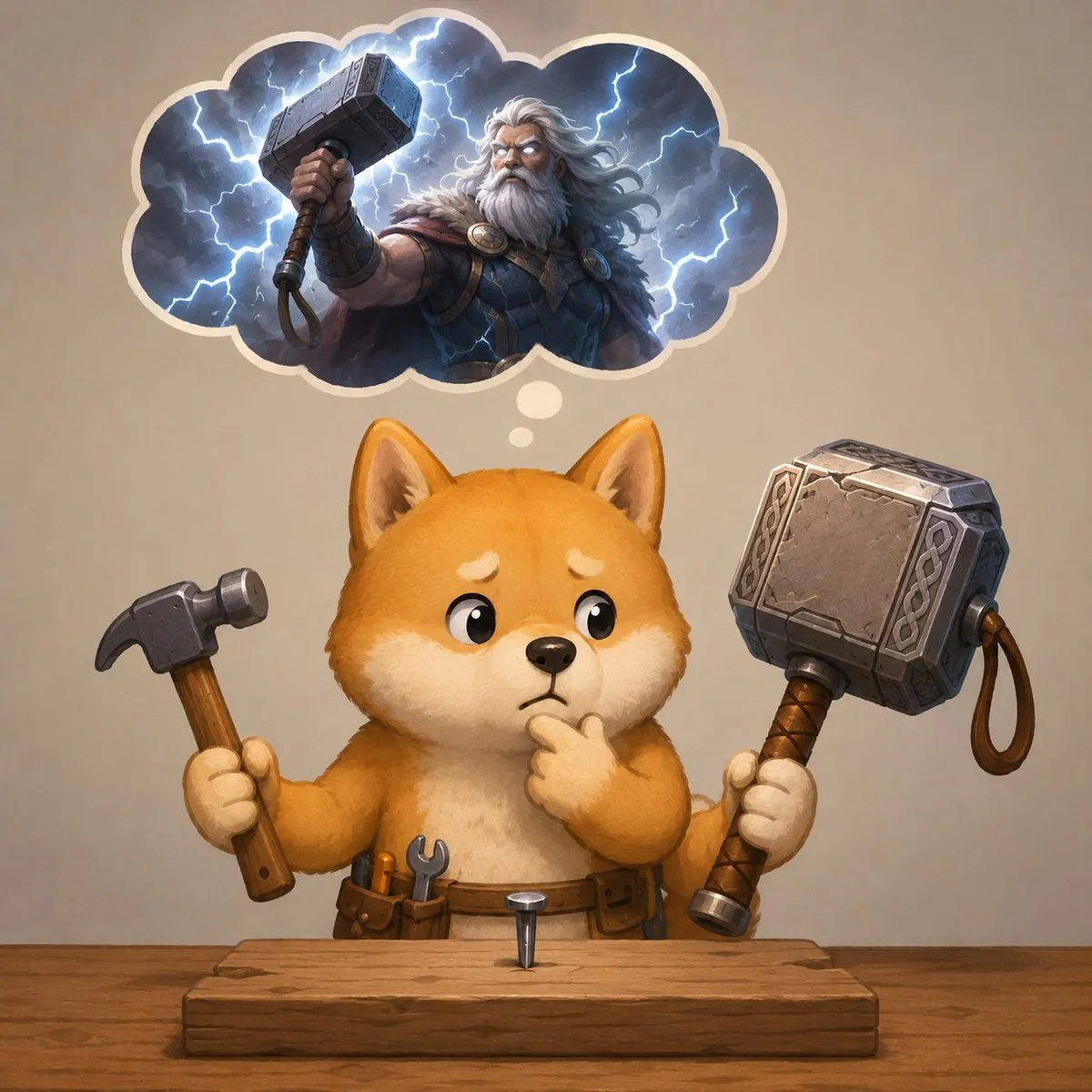 Illustration of a Shiba Inu holding a regular hammer and Mjolnir over a small nail, daydreaming about Thor