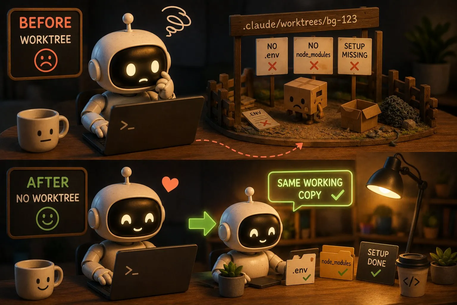 Before and after illustration of a robot coder: with worktree isolation it frowns at a fenced-off checkout with signs reading no .env, no node_modules, and setup missing; after disabling it the robot works on the same working copy with .env, node_modules, and setup done all checked