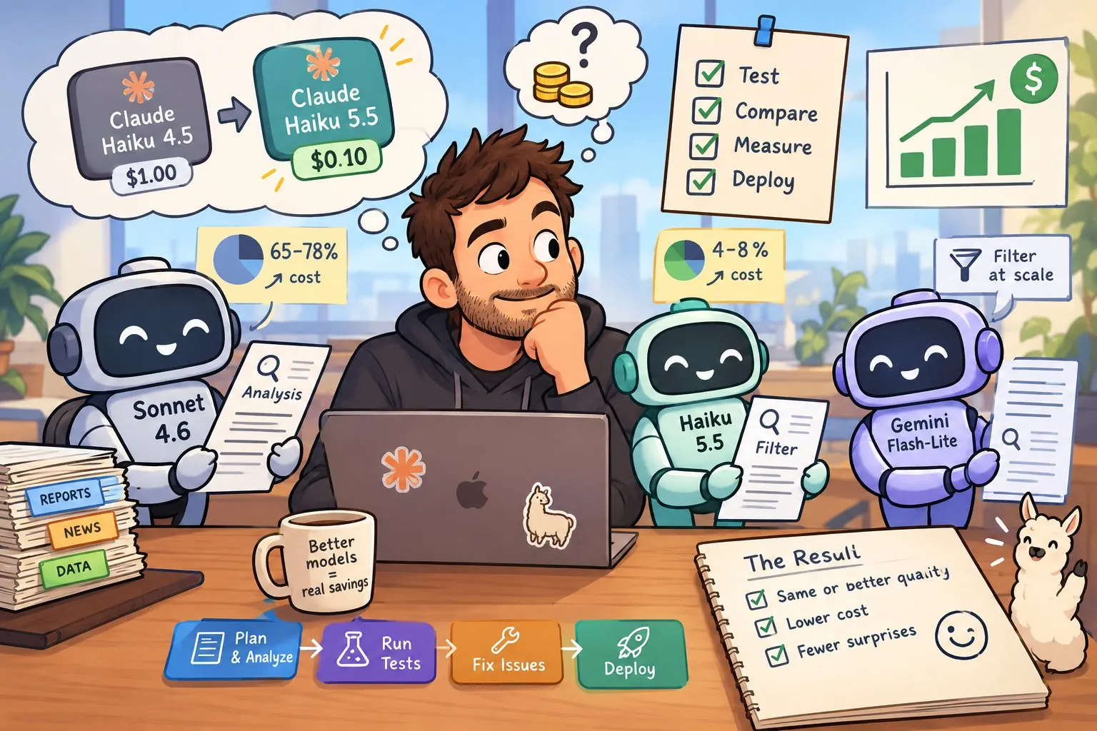 Illustration of the model migration test: Sonnet 4.6 at 65 to 78 percent of the cost, Gemini Flash-Lite at 4 to 8 percent, Haiku 5.5 as a candidate, and a plan, test, fix, deploy pipeline