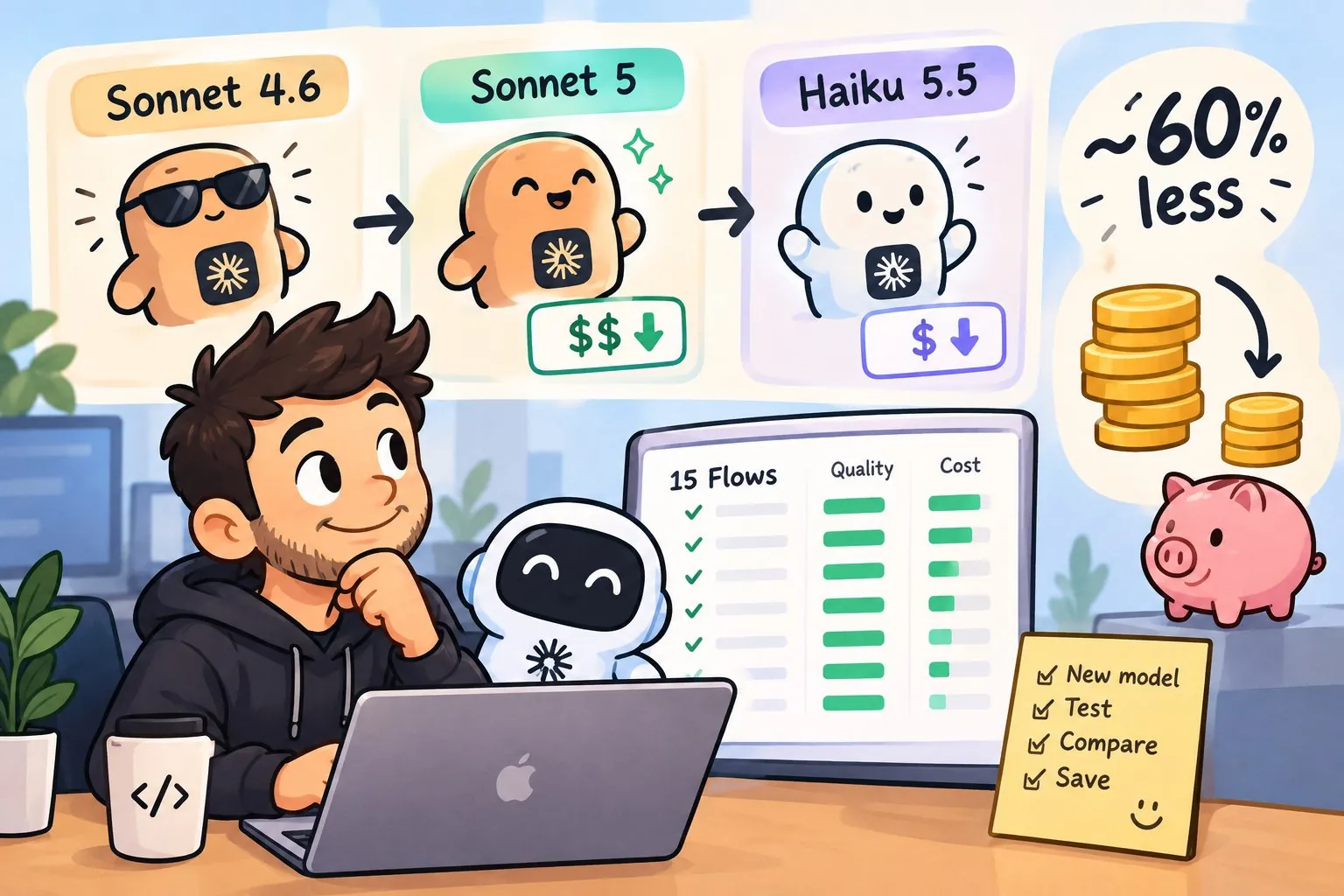 Illustration of a Flow moving from Sonnet 4.6 to Sonnet 5 to Haiku 5.5, with a 15-Flow quality and cost comparison and about 60% lower cost