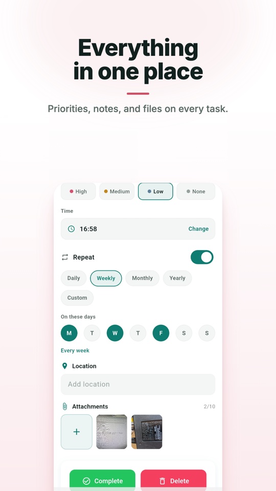 Task with priorities, location, and image attachments