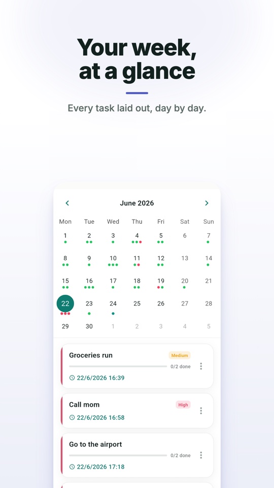 Calendar view showing tasks laid out day by day