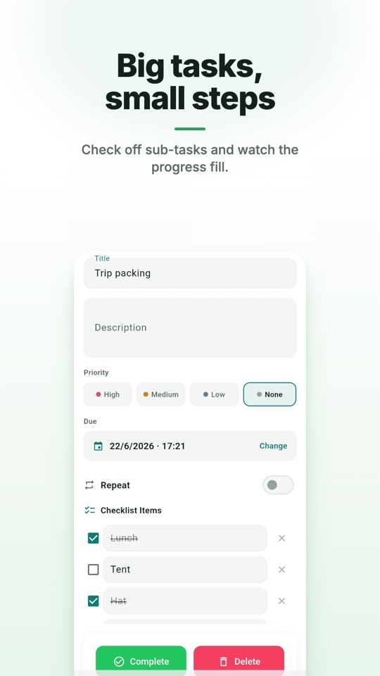 Checklist items inside a task with progress tracking
