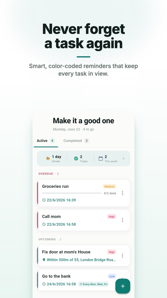 Home screen with color-coded task list, streak counter, and overdue tasks