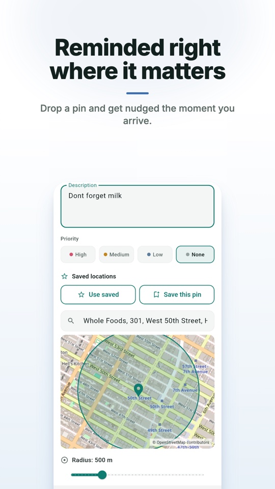 Location reminder with a pin on the map and adjustable radius