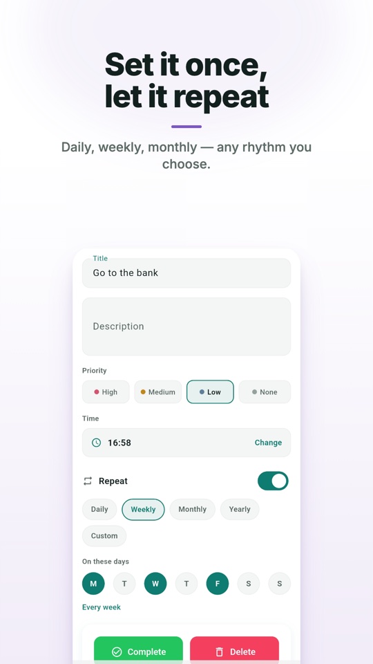 Recurring task setup with weekly repeat on specific days