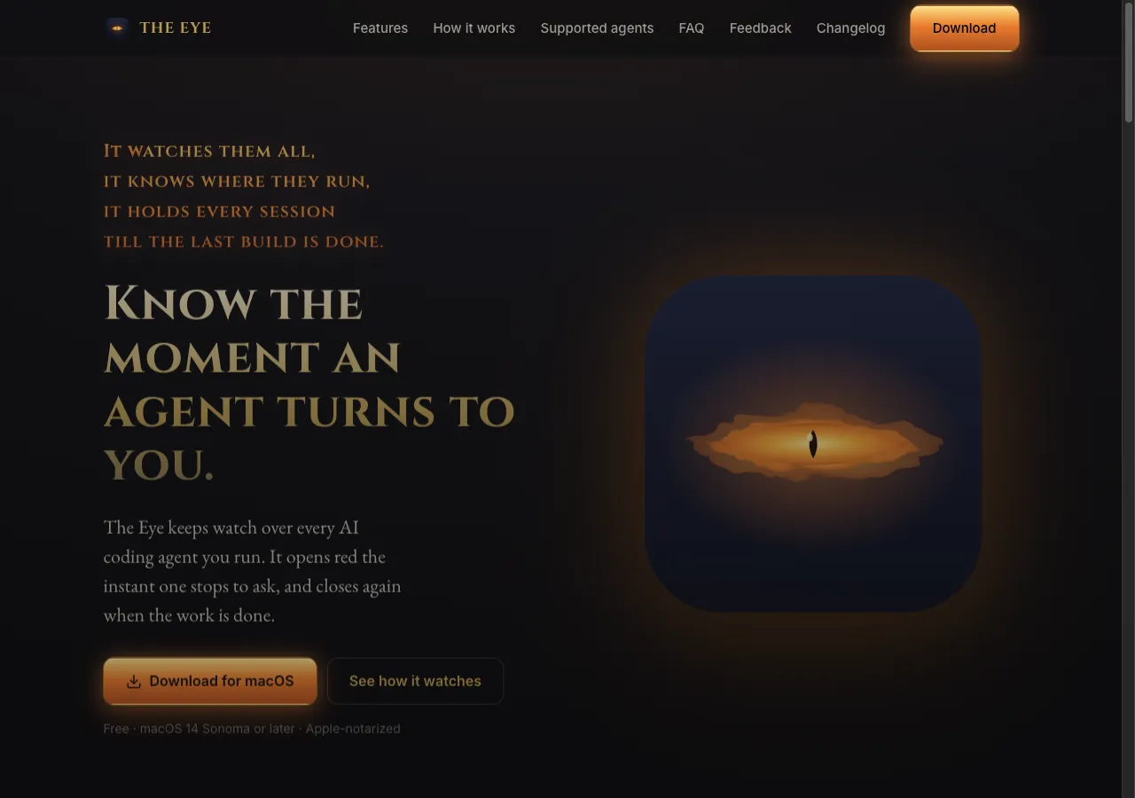 The Eye website: know the moment an agent turns to you, with the glowing eye app icon
